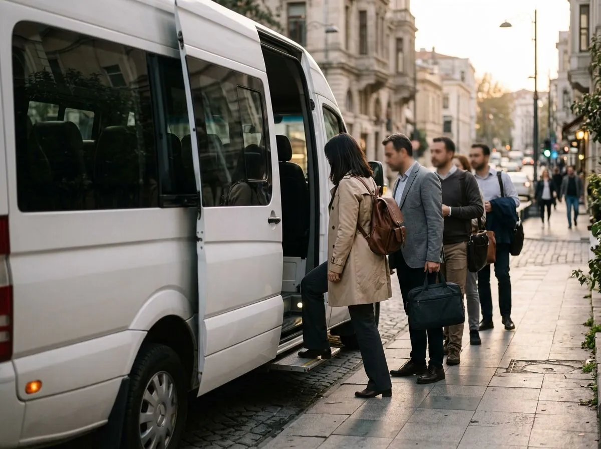 Personel servisi çalışanları sabah aracına binerken